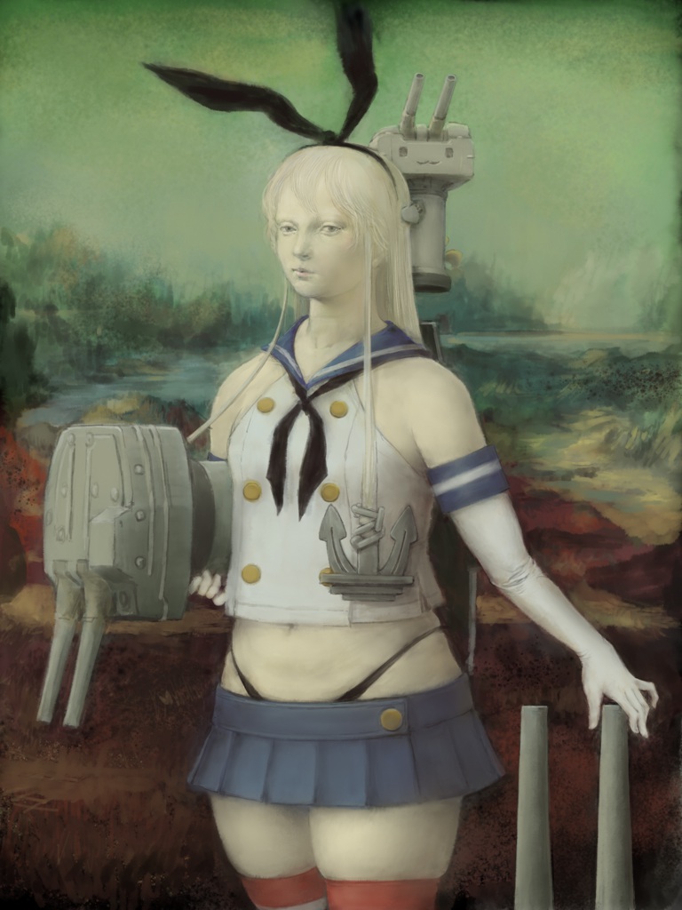 1girl, anchor, anchor_hair_ornament, black_panties, blonde_hair, elbow_gloves, fine_art_parody, gloves