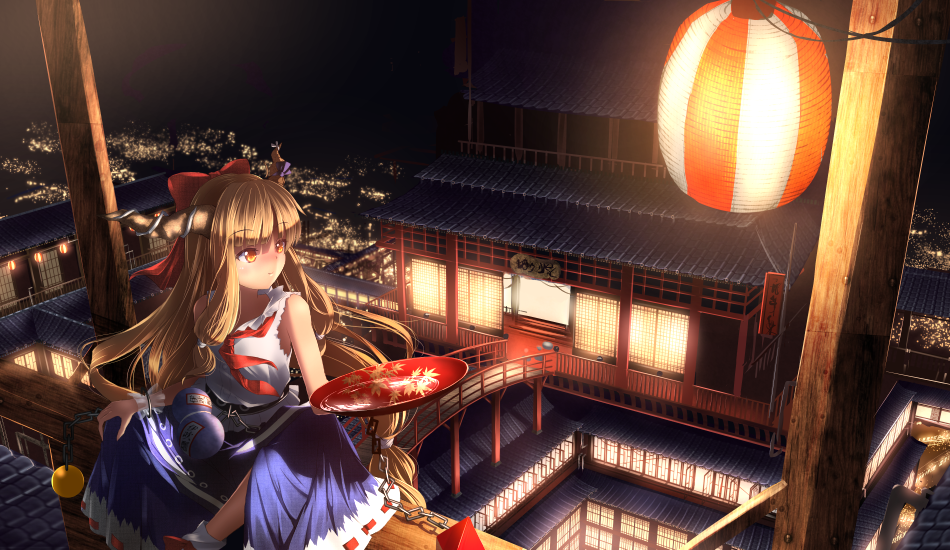 1girl, blonde_hair, bow, bridge, chain, city, city_lights, gourd