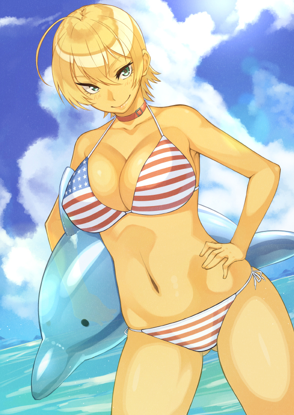 1girl, ahoge, american_flag_bikini, bikini, blonde_hair, breasts, choker, clouds, dutch_angle, flag_print, green_eyes, hand_on_hip, inflatable_dolphin, large_breasts, mito_ikumi, navel, ocean, rozario_(akai_rosario), shokugeki_no_souma, short_hair, sky, solo, swimsuit, water