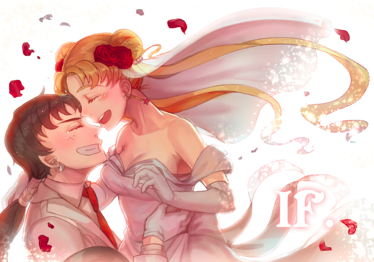 1boy, 1girl, ant_(zeronez), bare_shoulders, bishoujo_senshi_sailor_moon, black_hair, blush, bridal_veil, bride, closed_eyes, couple, double_bun, elbow_gloves, flower, gloves, hair_flower, hair_ornament, happy, hetero, petals, red_rose, rose, rose_petals, seiya_kou, tsukino_usagi, twintails, veil, wedding