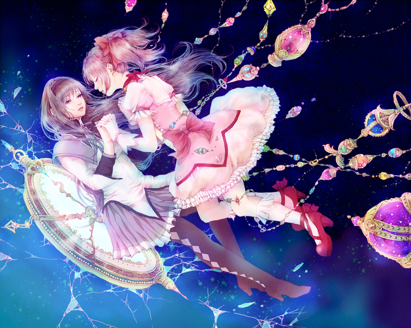 2girls, aco_(usausausa), akemi_homura, arm_garter, black_hair, black_legwear, bow, closed_eyes