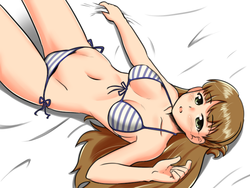 1girl, bikini, brown_hair, green_eyes, idolmaster, idolmaster_cinderella_girls, long_hair, lying