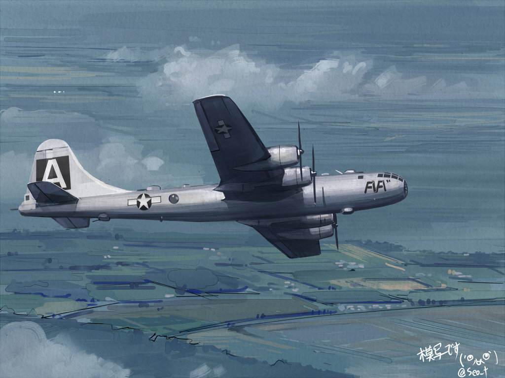 airplane, b-29, clouds, field, original, seo_tatsuya