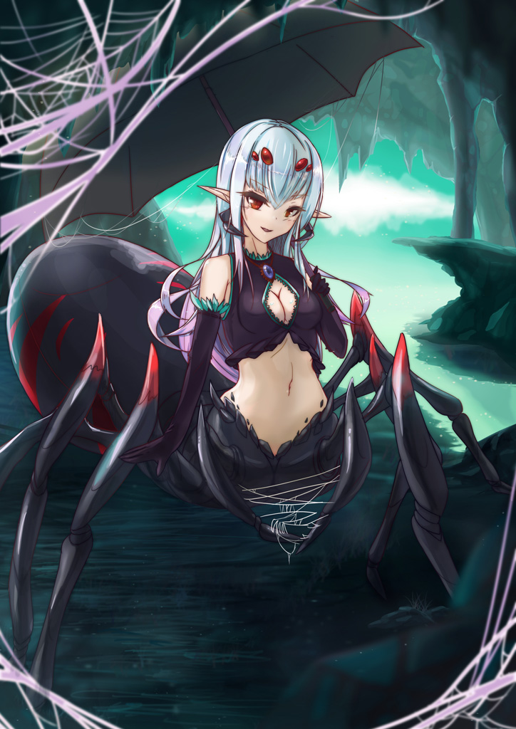 1girl, black_gloves, breasts, cave, cleavage, cleavage_cutout, elbow_gloves, gloves