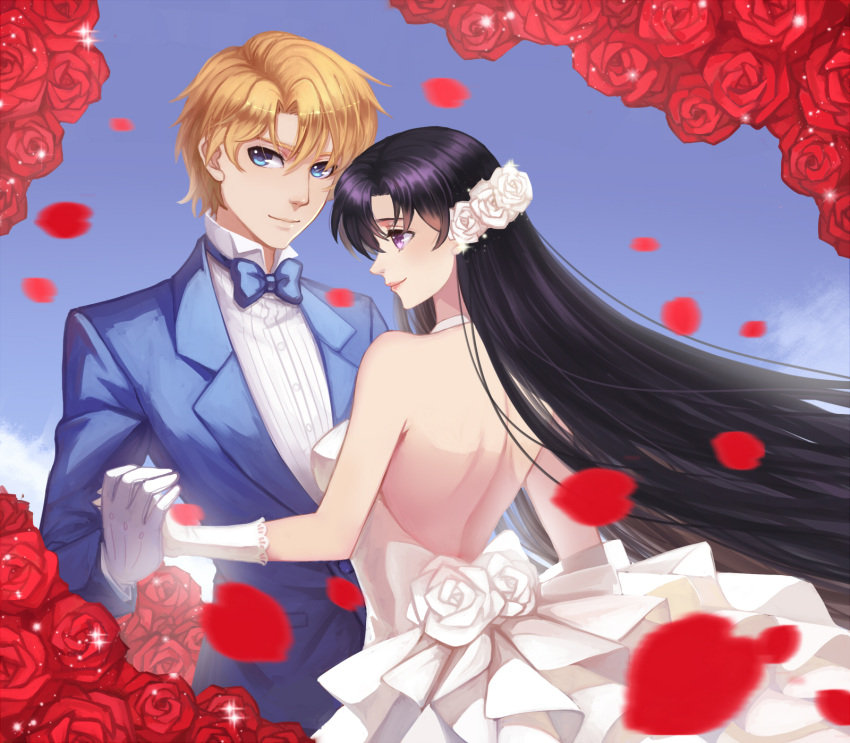 1boy, 1girl, bishoujo_senshi_sailor_moon, black_hair, blonde_hair, blue_background, blue_bow, blue_eyes