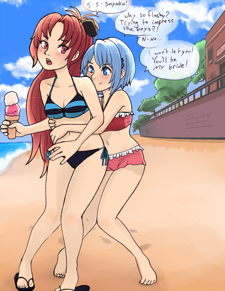 artist_name, barefoot, beach, bikini, blue_eyes, blue_hair, caffeccino, clouds