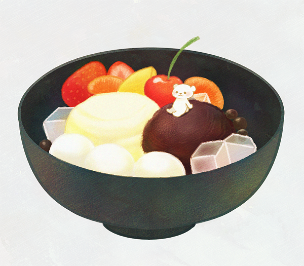 anmitsu_(dessert), ayu_(mog), bowl, food, no_humans, original, polar_bear, simple_background