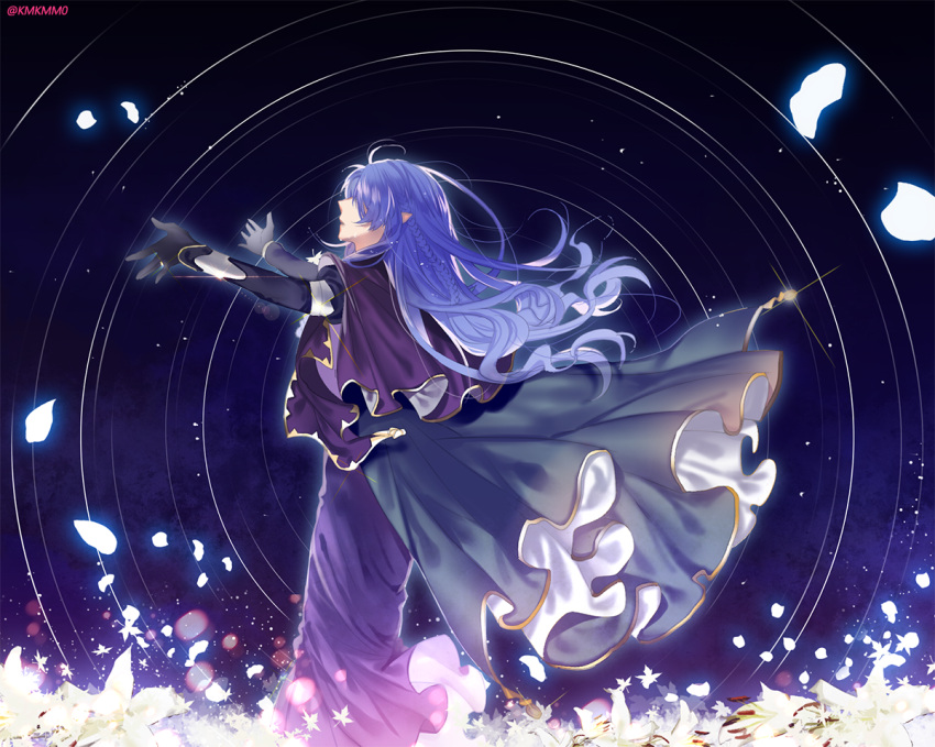 1girl, blue_hair, cape, caster, ears, fate/stay_night, fate_(series), km_(kyoma0), long_hair, petals, pointy_ears, solo