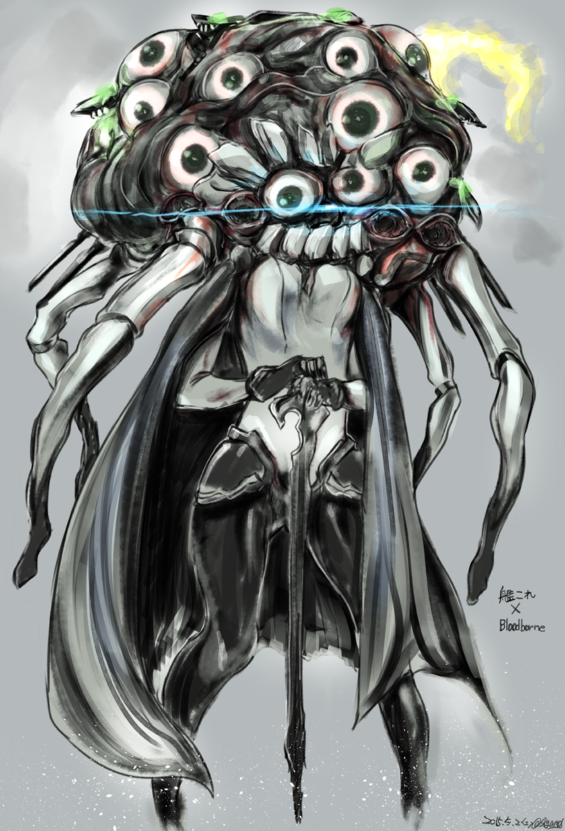 1girl, 2015, black_gloves, black_pants, bloodborne, blue_eyes, bodysuit, cane