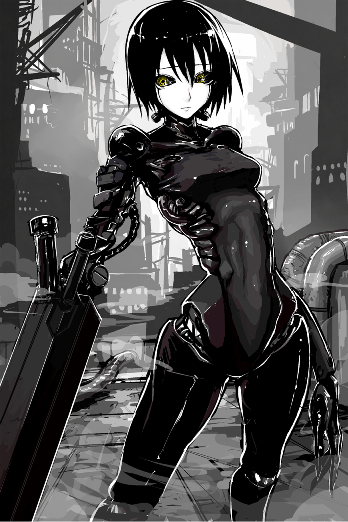 1girl, arm_cannon, blame!, city, cyberpunk, cyborg, fushoku, partially_colored, pipe, sanakan, science_fiction, short_hair, solo, weapon, yellow_eyes