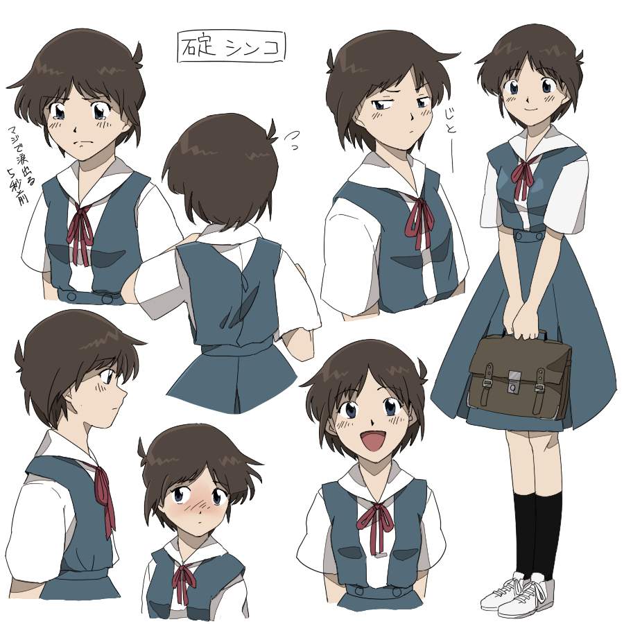1girl, angry, artist_request, bag, blue_eyes, blush, brown_hair, character_sheet