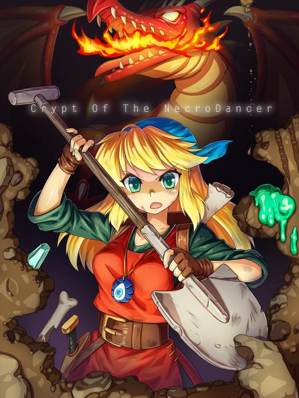 1girl, amulet, blonde_hair, cadence_(necrodancer), copyright_name, crypt_of_the_necrodancer, dragon, english