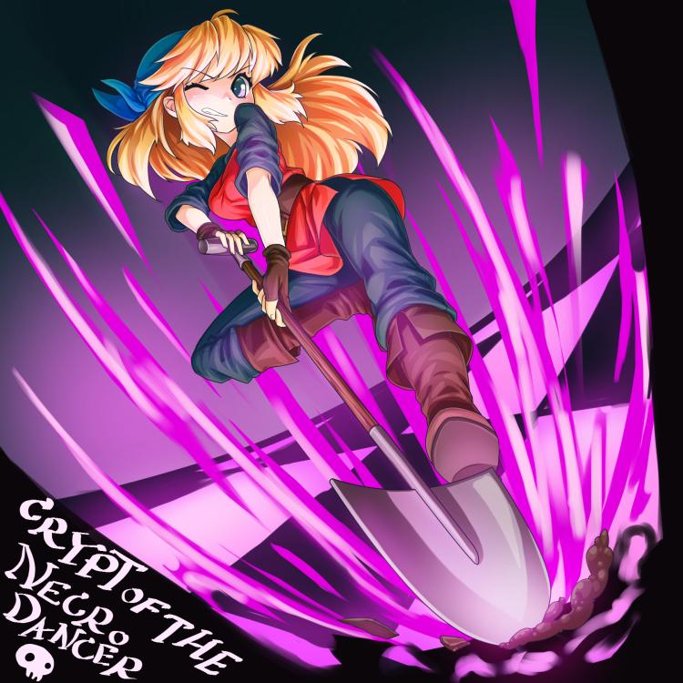 1girl, blonde_hair, blue_eyes, boots, cadence_(necrodancer), copyright_name, crypt_of_the_necrodancer, english