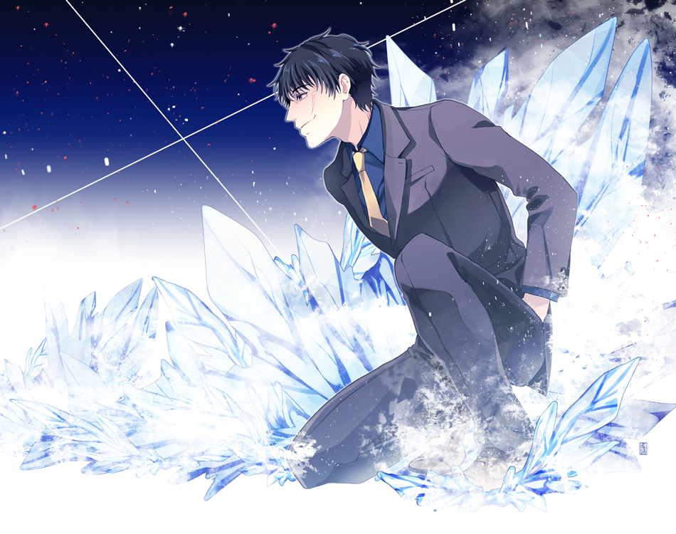 1boy, formal, fu_yukari, ice, kekkai_sensen, necktie, scar, short_hair