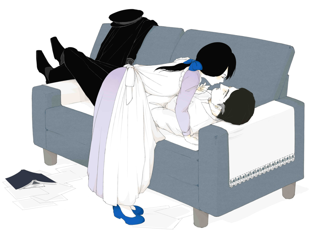 1boy, 1girl, apron, black_hair, couch, couple, dress, ginga_eiyuu_densetsu