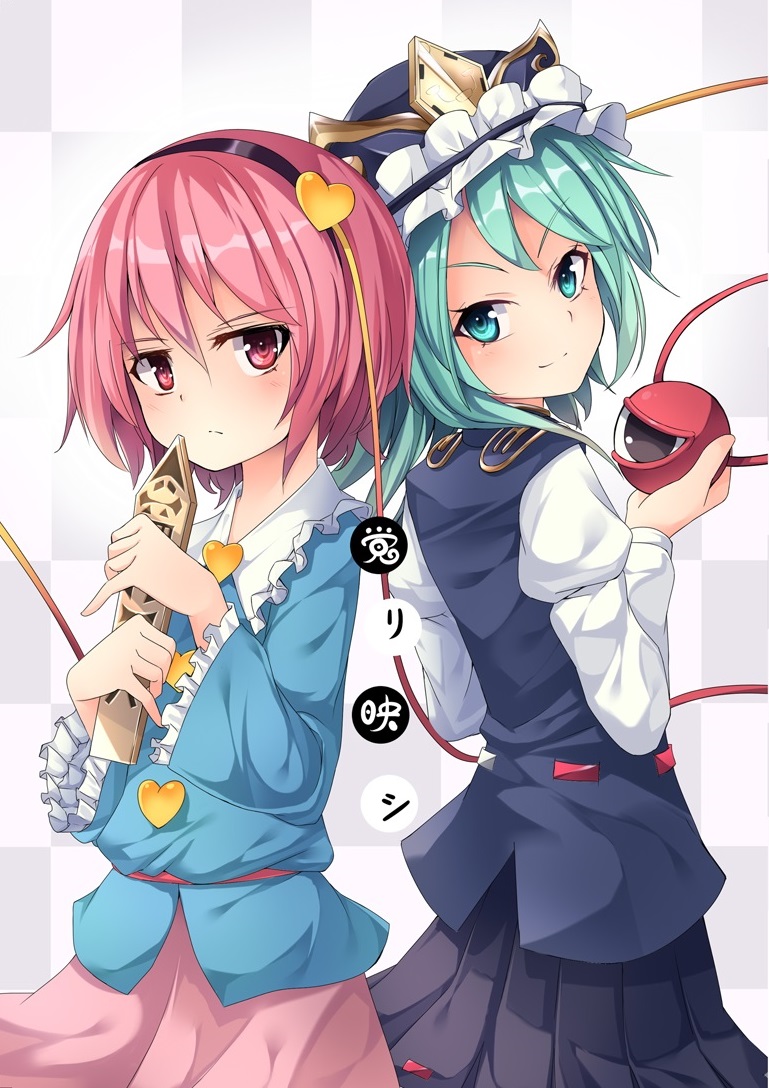 2girls, accessories_switch, aqua_eyes, aqua_hair, arai_togami, back-to-back, hairband, hat