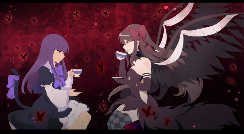 2girls, absurdres, aidmoon, akemi_homura, akuma_homura, black_hair, bow, butterfly, cat_tail, checkered, checkered_legwear, cup, dress, frederica_bernkastel, hair_bow, highres, mahou_shoujo_madoka_magica, mahou_shoujo_madoka_magica_movie, multiple_girls, profile, purple_hair, saucer, smile, spoilers, tail, teacup, thigh-highs, umineko_no_naku_koro_ni, violet_eyes, wings
