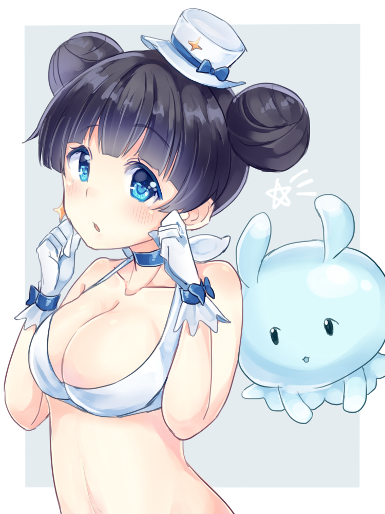 1girl, bikini, black_hair, brown_eyes, double_bun, gloves, hair_bun, hat, houkago_no_pleiades, irone_(miyamiya38), itsuki_(houkago_no_pleiades), pleiadean, sort_hair, swimsuit, top_hat