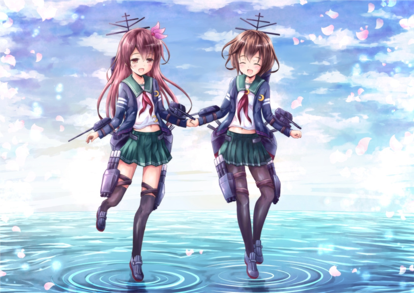 2girls, :d, ^_^, black_legwear, blue_sky, brown_hair, closed_eyes, flower