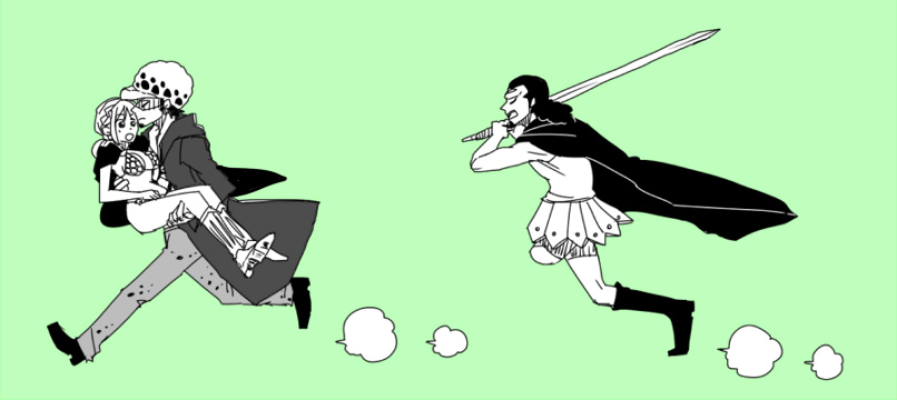 1girl, 2boys, amputee, angry, armor, beard, black_hair, breasts, cape, carrying, earrings, facial_hair, family, father_and_daughter, gladiator, gloves, goatee, hat, jewelry, kyros_(one_piece), long_hair, multi-tied_hair, multiple_boys, one_piece, open_mouth, princess_carry, rebecca_(one_piece), running, short_hair, sword, tagme, trafalgar_law, weapon