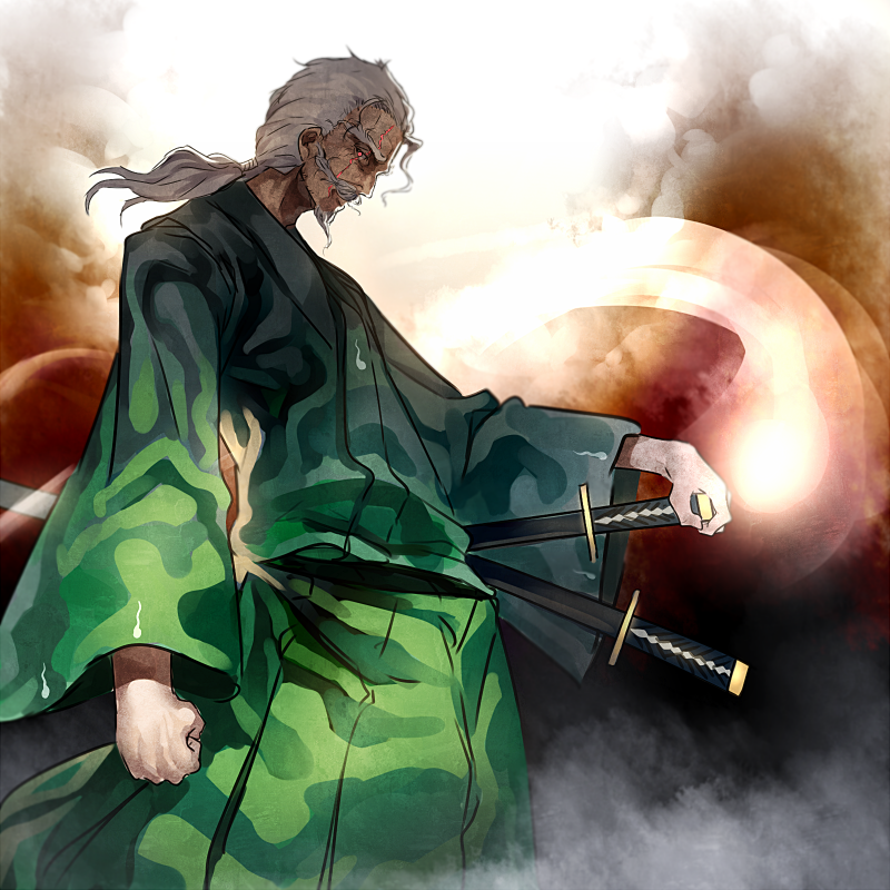 1boy, clenched_hand, hand_on_hilt, japanese_clothes, katana, kimono, konpaku_youki, konpaku_youki_(ghost)