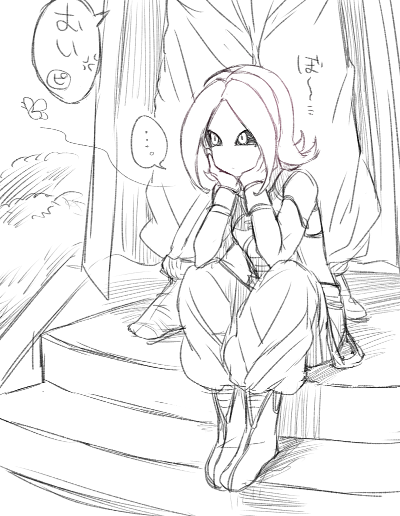 black_sclera, cape, dragon_ball_xenoverse, majin_(race), muraosa_(conjecture), outdoors, piccolo, sitting