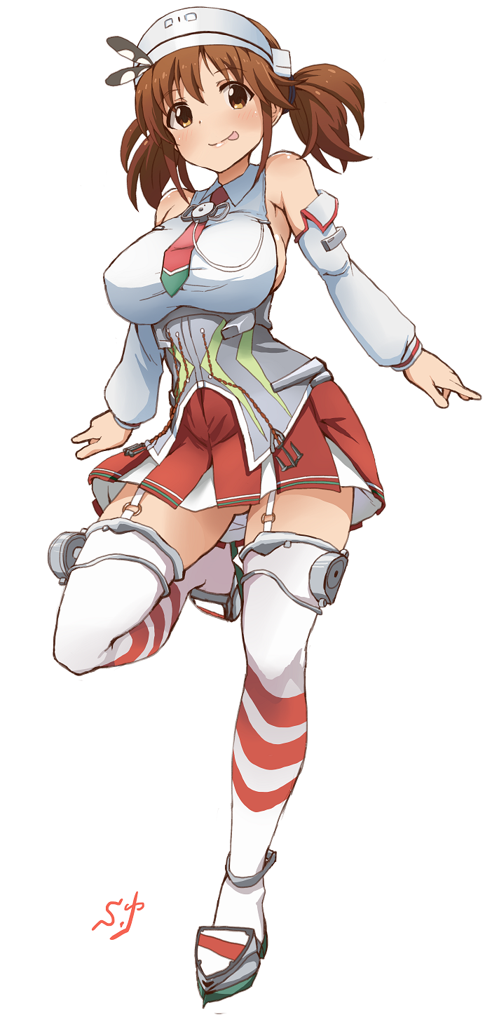 1girl, :p, bare_shoulders, breasts, brown_hair, cosplay, detached_sleeves, hat