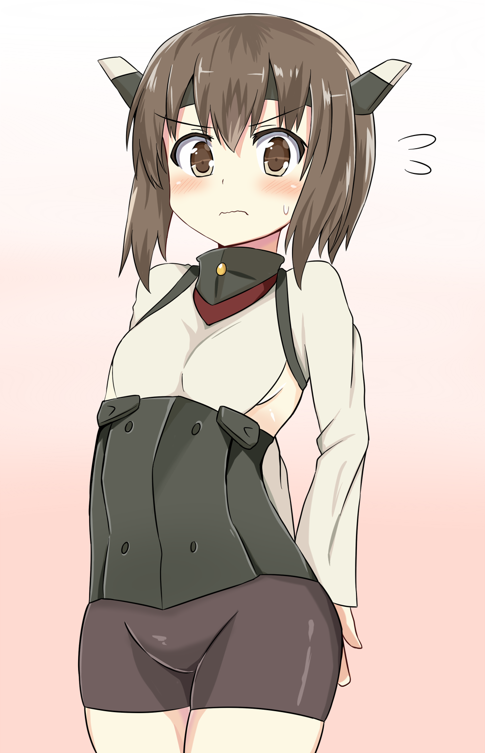 1girl, arms_behind_back, bike_shorts, blush, brown_eyes, brown_hair, cowboy_shot, dust_(nanafushi_shouten), flying_sweatdrops, gradient, gradient_background, headband, headgear, highres, kantai_collection, looking_at_viewer, military, military_uniform, no_skirt_over_shorts, short_hair, solo, sweat, taihou_(kantai_collection), uniform, wavy_mouth