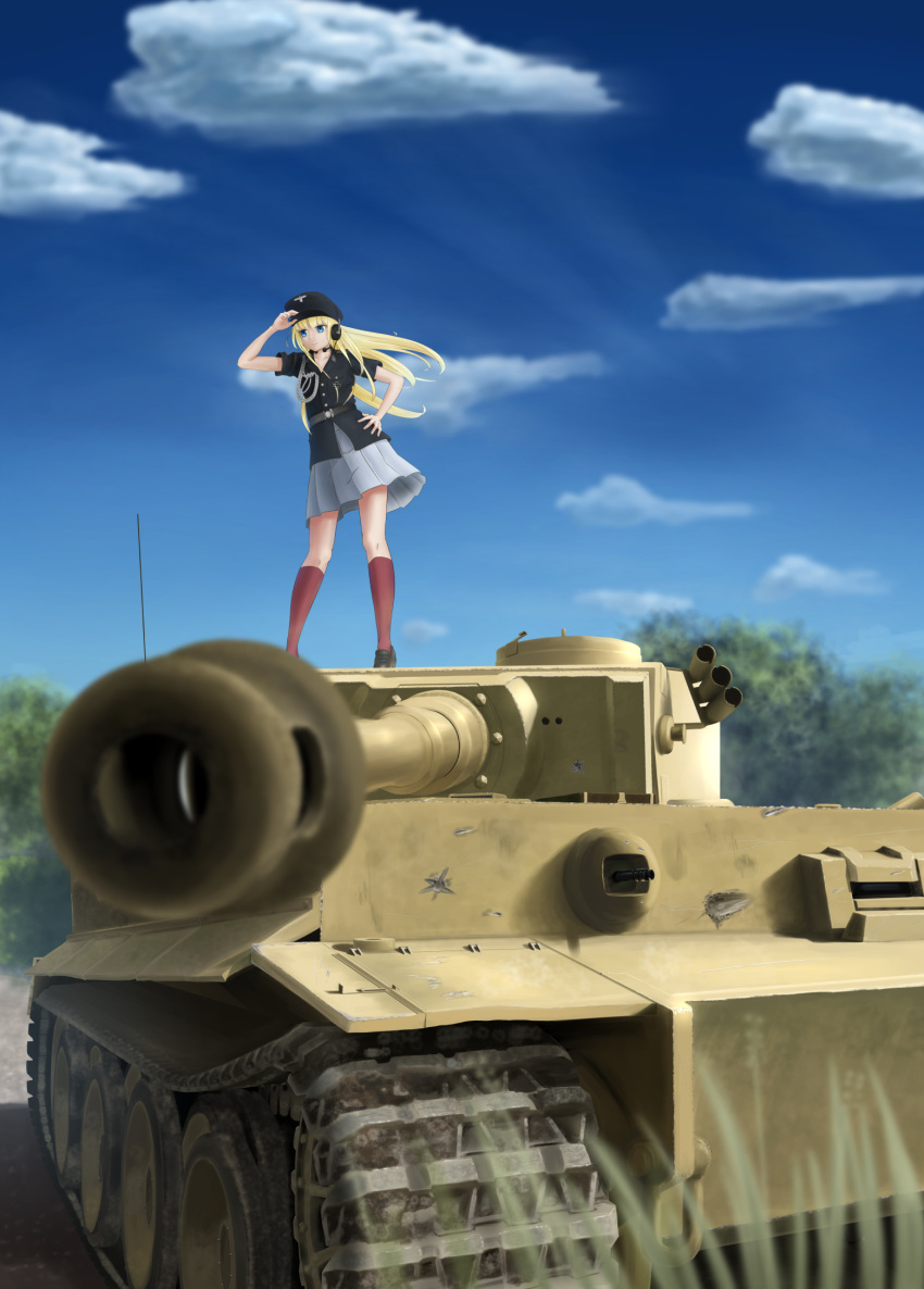 1girl, adapted_uniform, blonde_hair, blue_eyes, caterpillar_tracks, clouds, damaged, hand_on_hip, hat, headset, highres, long_hair, military, military_uniform, military_vehicle, nekusashun, original, skirt, sky, solo, tank, throat_microphone, tiger_(tank), tree, uniform, vehicle, wind, world_war_ii