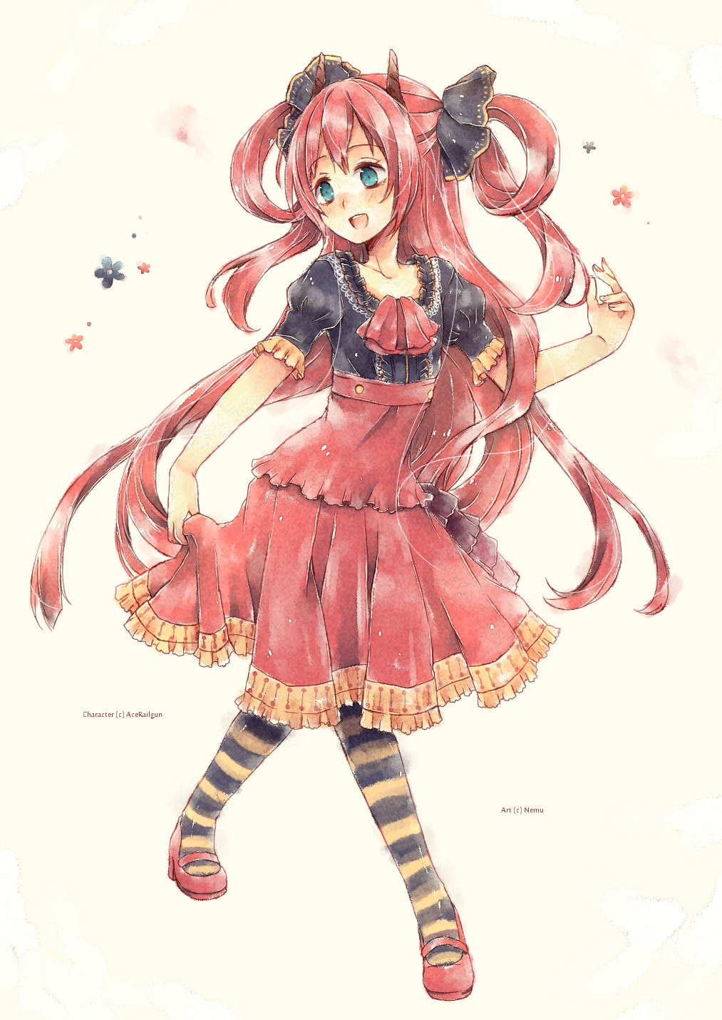 1girl, artist_name, blue_eyes, borrowed_character, dress, erica_(acerailgun), flat_chest, flower, frilled_dress, frills, full_body, highres, horizontal_stripes, horns, long_hair, nemurou, original, red_shoes, redhead, shoes, short_sleeves, simple_background, solo, striped, striped_legwear, twintails, very_long_hair, white_background