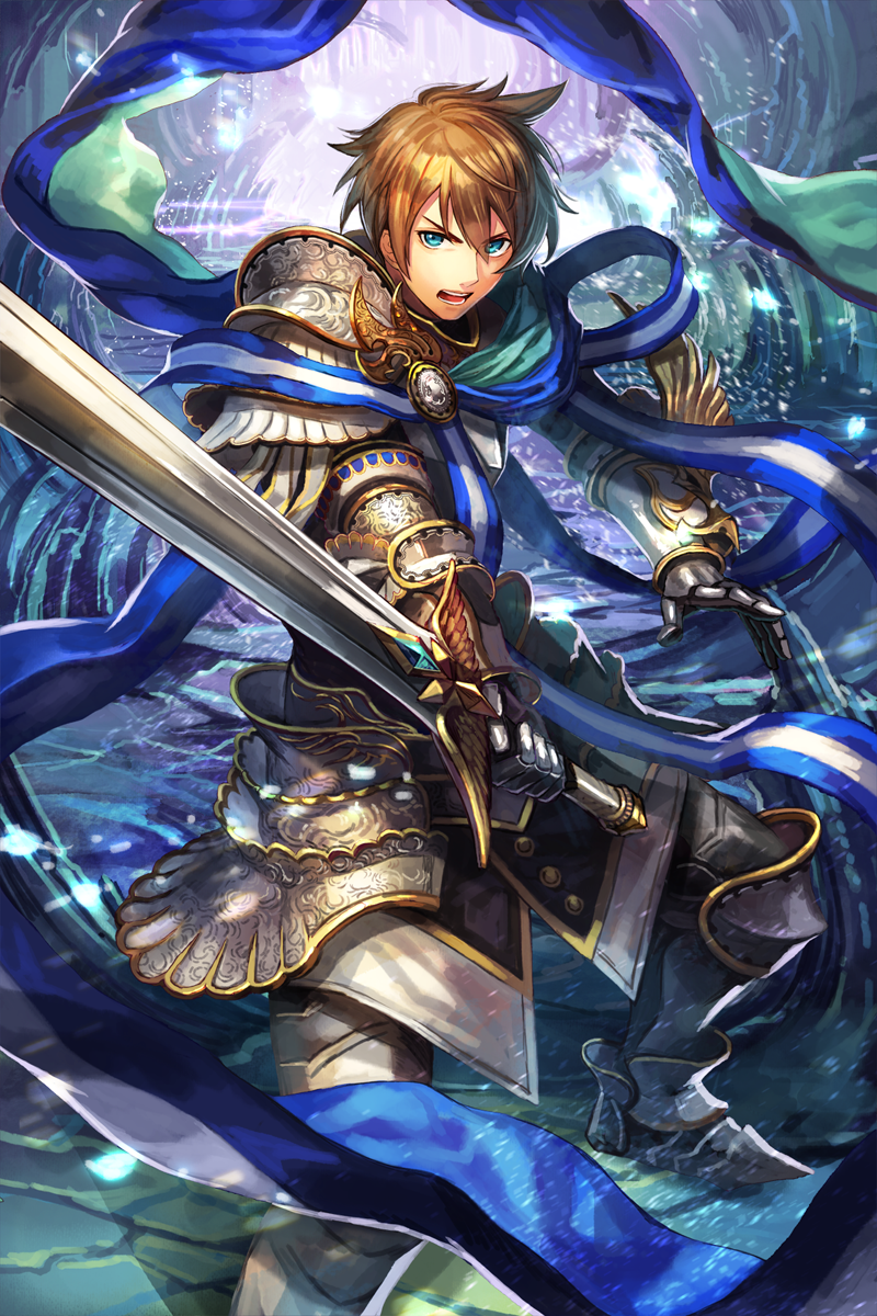 1boy, armor, blue_eyes, brown_hair, highres, inishie_no_megami_to_houseki_no_ite, official_art, open_mouth