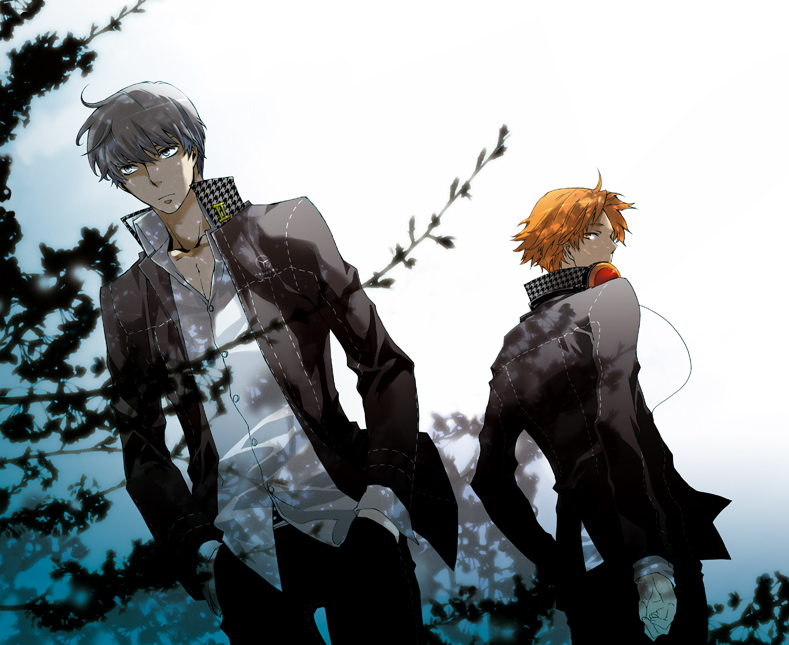 2guys, brown_eyes, brown_hair, dutch_angle, from_below, grey_eyes, grey_hair, hanamura_yousuke