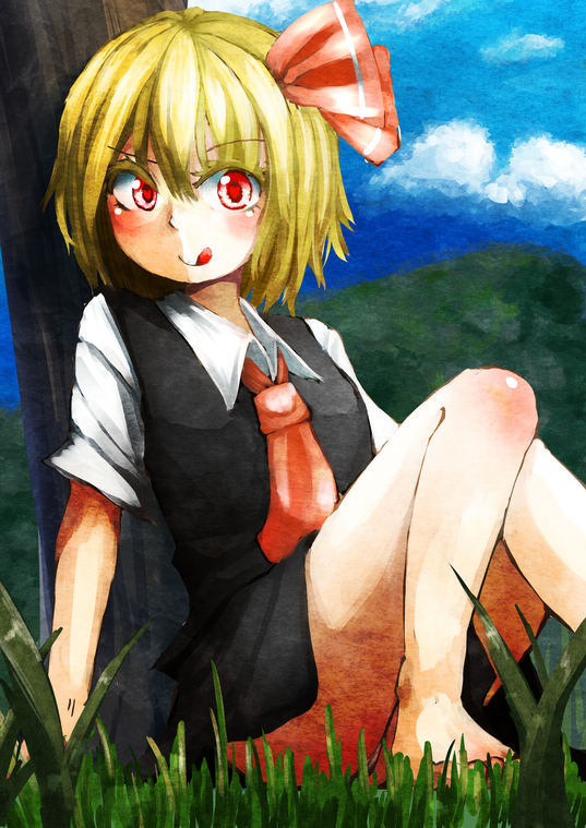 1girl, :q, akeno_(akenosora), blonde_hair, dress, grass, hair_ribbon, red_eyes