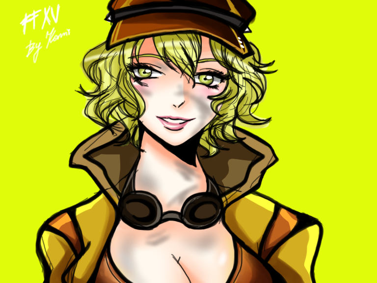 1girl, baseball_cap, blonde_hair, breasts, cidney_(final_fantasy), cleavage, dirty_face, final_fantasy