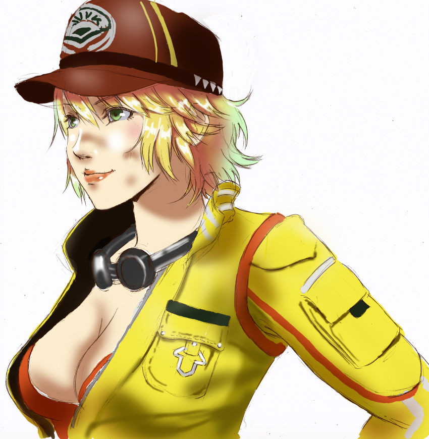 1girl, absurdres, baseball_cap, blonde_hair, breasts, cidney_(final_fantasy), cleavage, dirty_face, final_fantasy, final_fantasy_xv, goggles, goggles_around_neck, green_eyes, hat, highres, jacket, large_breasts, lips, lipstick, makeup, nose, short_hair, smile, solo, ta-chun