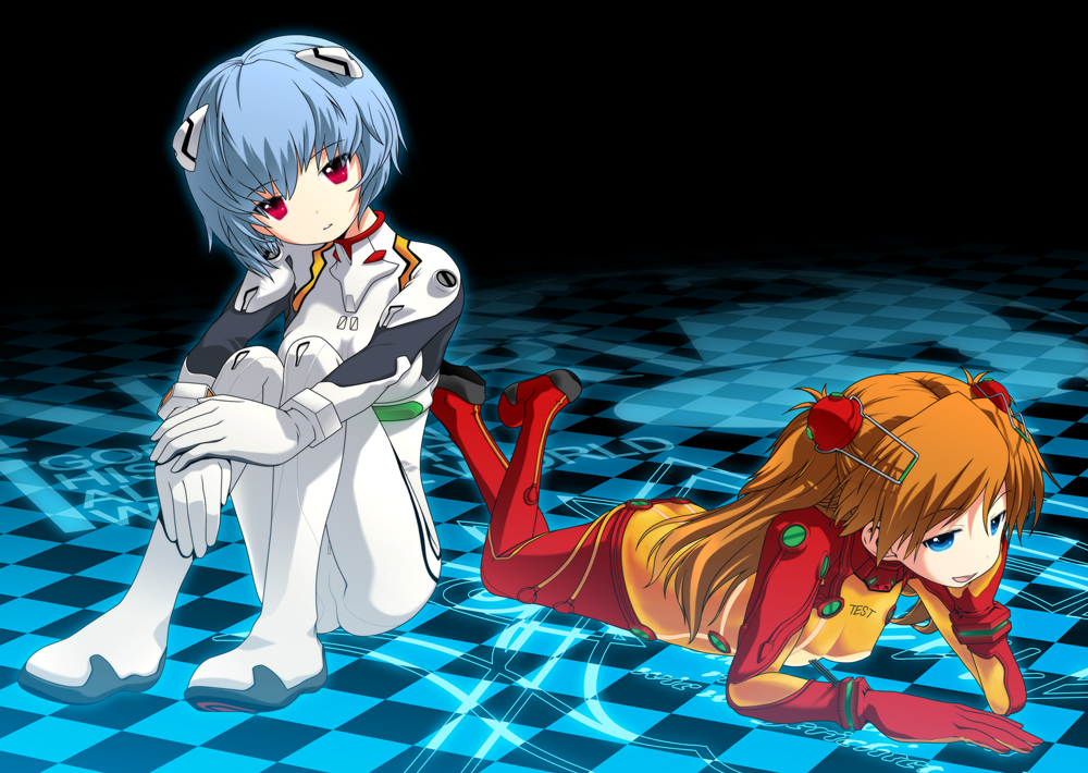 ayanami_rei, blue_eyes, blue_hair, kurosu_tsugutoshi, multiple_girls, neon_genesis_evangelion, on_stomach, plugsuit