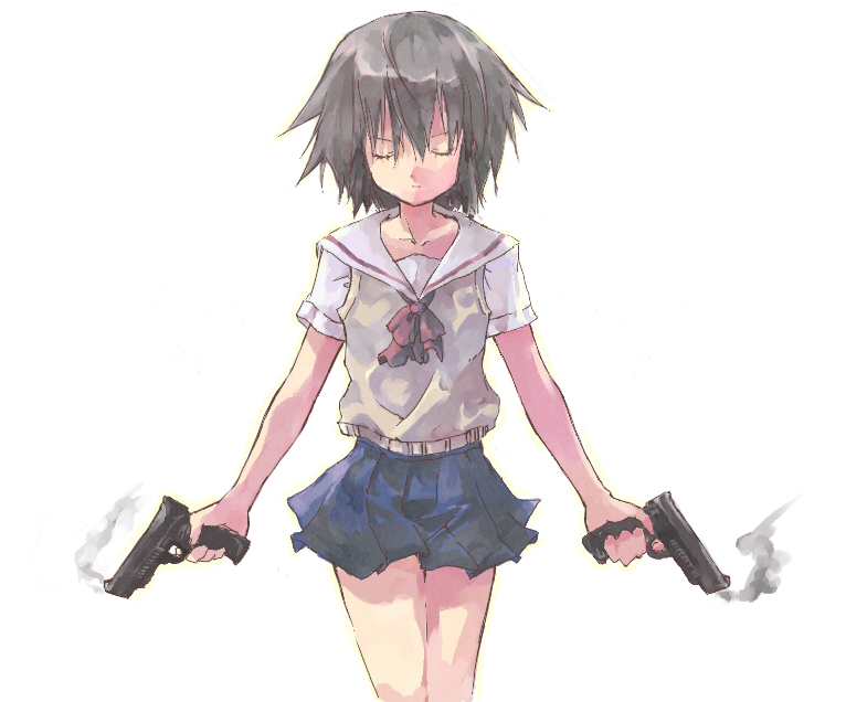 dual_wield, gun, handgun, milcoco, noir, pistol, school_uniform, short_hair