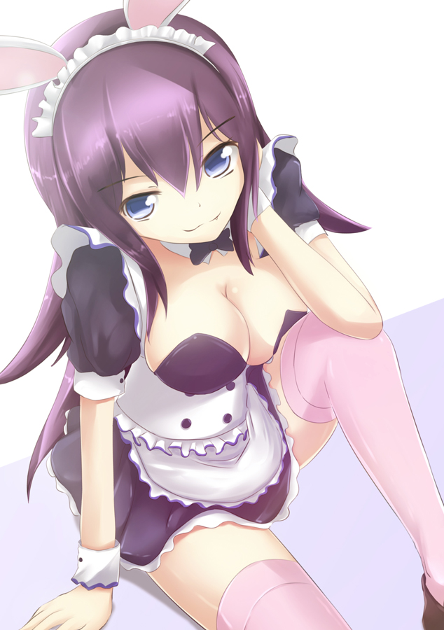 absolute_duo, animal_ears, apron, blue_eyes, breasts, brown_hair, cleavage, dress