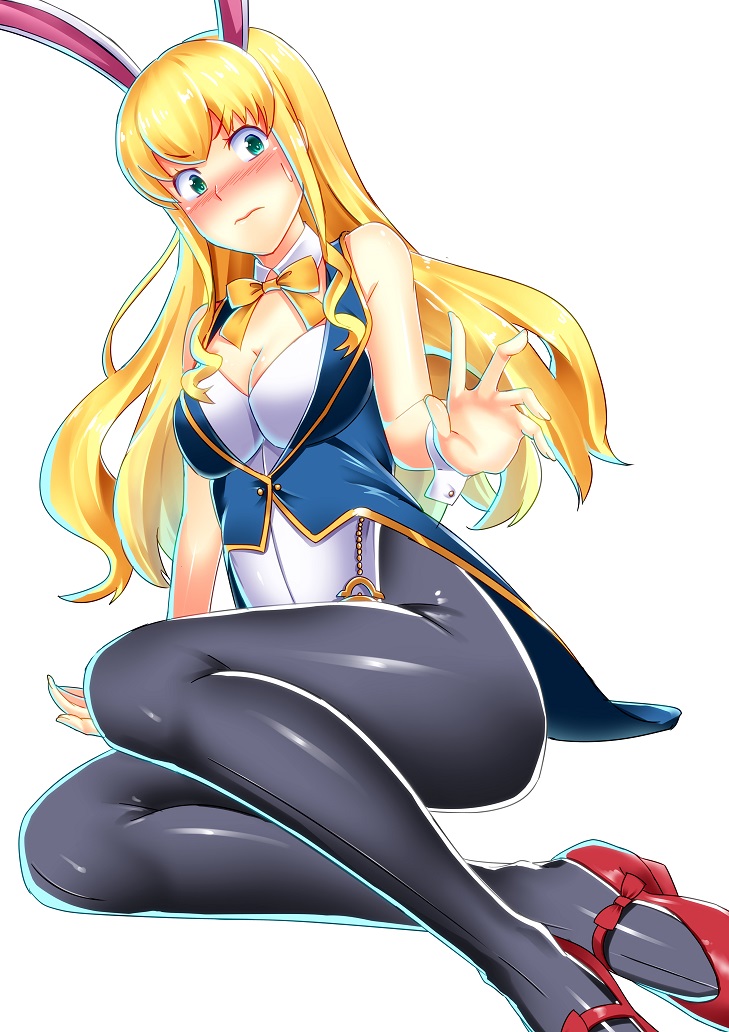 1girl, animal_ears, blonde_hair, blush, breasts, bunnysuit, cleavage, etotama, female, green_eyes, leotard, long_hair, neettannteiarisu, pantyhose, pocket_watch, rabbit_ears, shoes, sitting, solo, tailcoat, usa-tan, watch