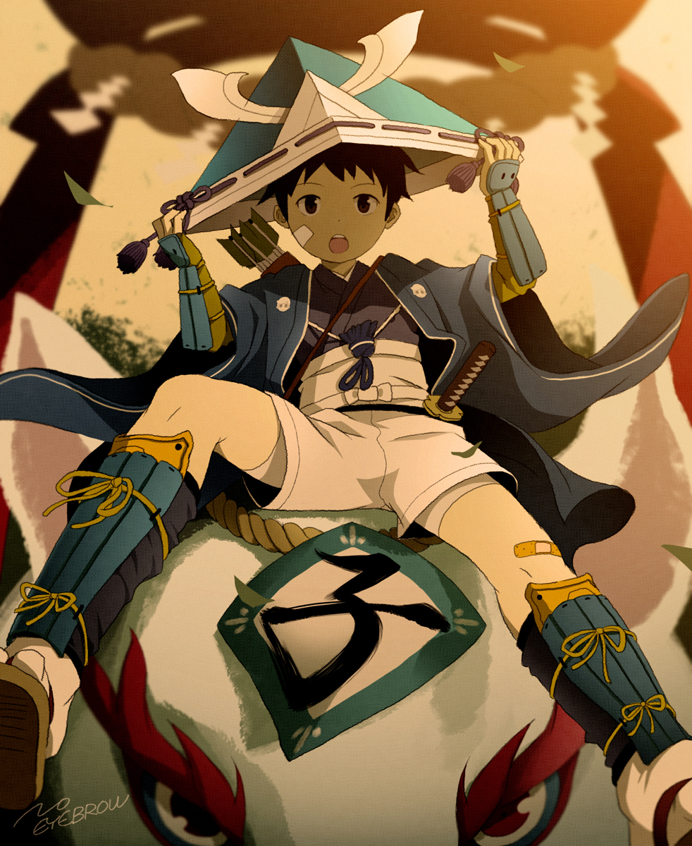 1boy, arrow, artist_name, bandaid, bandaid_on_knee, black_hair, brown_eyes, highres, katana, kodomo_no_hi, kote, looking_at_viewer, male_focus, noeyebrow_(mauve), open_mouth, original, paper_hat, paper_kabuto, perspective, quiver, sandals, sheath, sheathed, short_hair, shorts, sitting, socks, solo, sword, torii, weapon