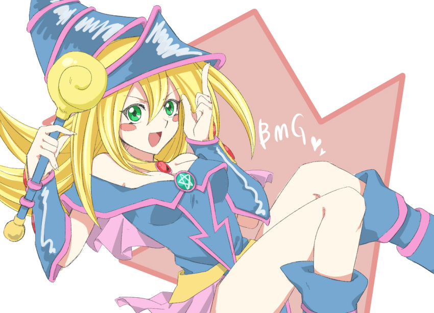 1girl, :d, blonde_hair, blush_stickers, dark_magician_girl, green_eyes, hat, long_hair