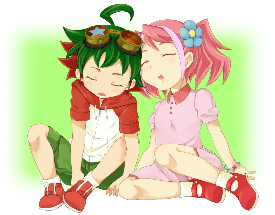 1boy, 1girl, ahoge, bracelet, child, closed_eyes, flower, goggles