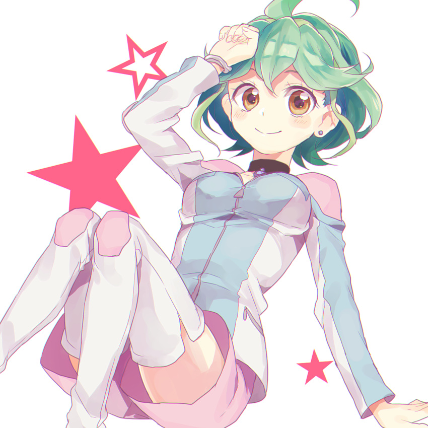 1girl, ahoge, boots, bracelet, choker, earrings, gem, green_hair