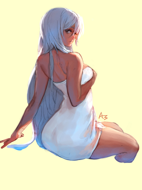 1girl, ask_(dreaming_cat), bare_shoulders, dark_skin, from_behind, hair_between_eyes, long_hair, looking_back