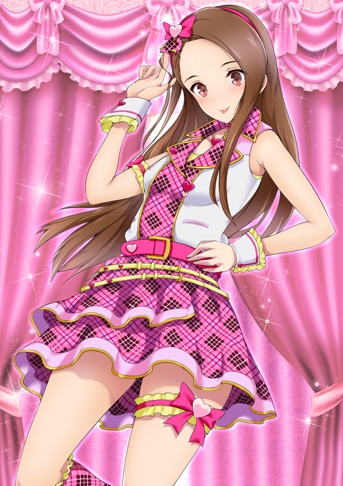 1girl, :p, belt, bow, brown_eyes, brown_hair, check_my_note, hair_bow, hairband, hand_on_hip, heart, idolmaster, leg_garter, maruwa_tarou, minase_iori, skirt, solo, standing, tongue, tongue_out, wrist_cuffs