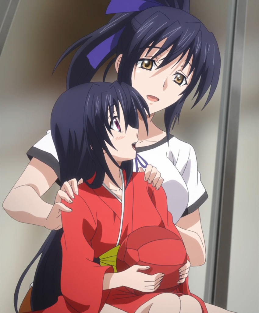 2girls, ball, brown_eyes, high_school_dxd, highres, himejima_akeno, himejima_shuri, japanese_clothes, kimono, long_hair, multiple_girls, ponytail, purple_hair, screencap, violet_eyes