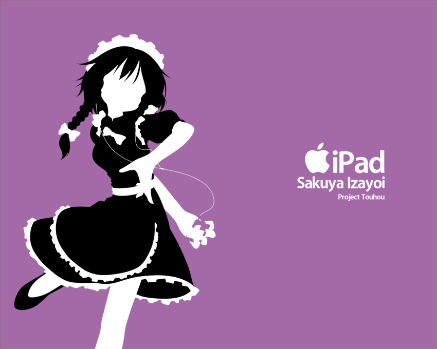 1girl, apple_inc., breast_padding, digital_media_player, hair_ribbon, ipod, ipod_ad, izayoi_sakuya