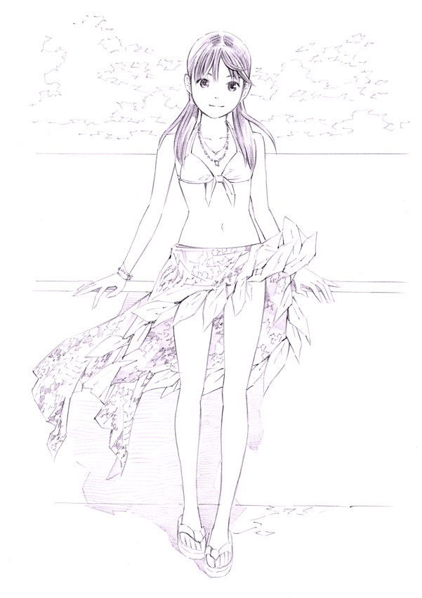 1girl, bikini, monochrome, original, sarong, sketch, solo, swimsuit