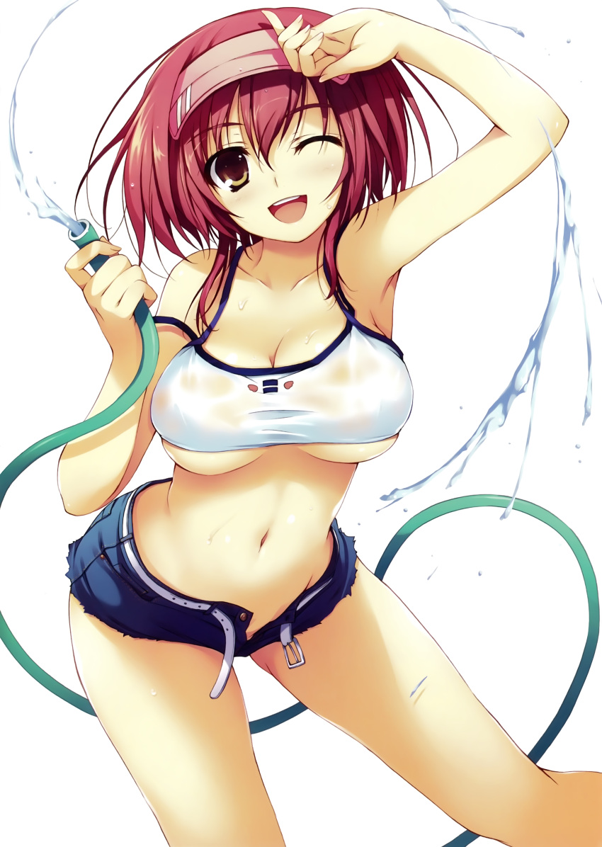 1girl, absurdres, armpits, bare_shoulders, breasts, brown_eyes, cleavage, denim