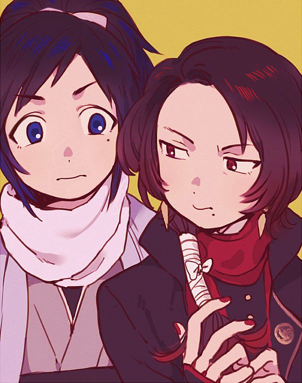 2boys, black_hair, blue_eyes, brown_hair, bu_(artist), kashuu_kiyomitsu, male_focus, mole